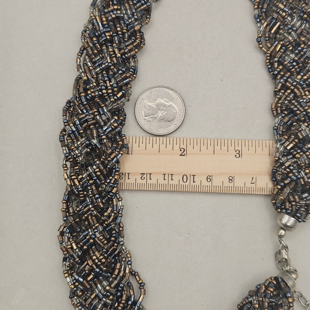 Braid Seed Bead Statement Necklace 21" Torsade Bronze Gold Tones Bib Boho Earthy - Picture 11 of 12